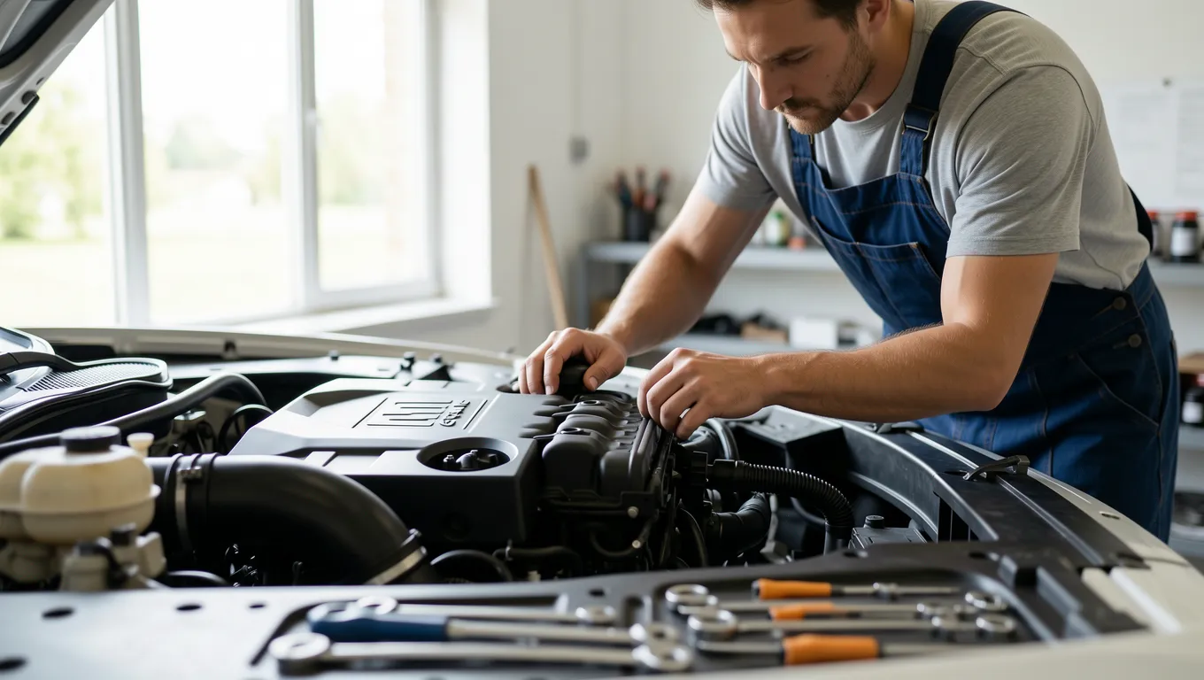 A car mechanic performing repairs which might require a $1000 personal loan for parts.