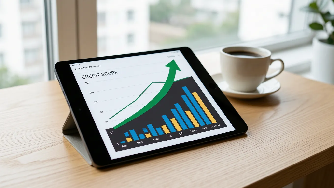Digital tablet showing a credit score dashboard for bad credit loans