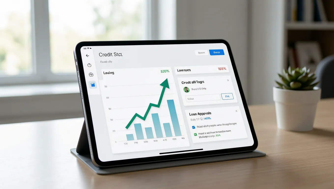 A digital interface showing instant approval loans progress on a tablet.