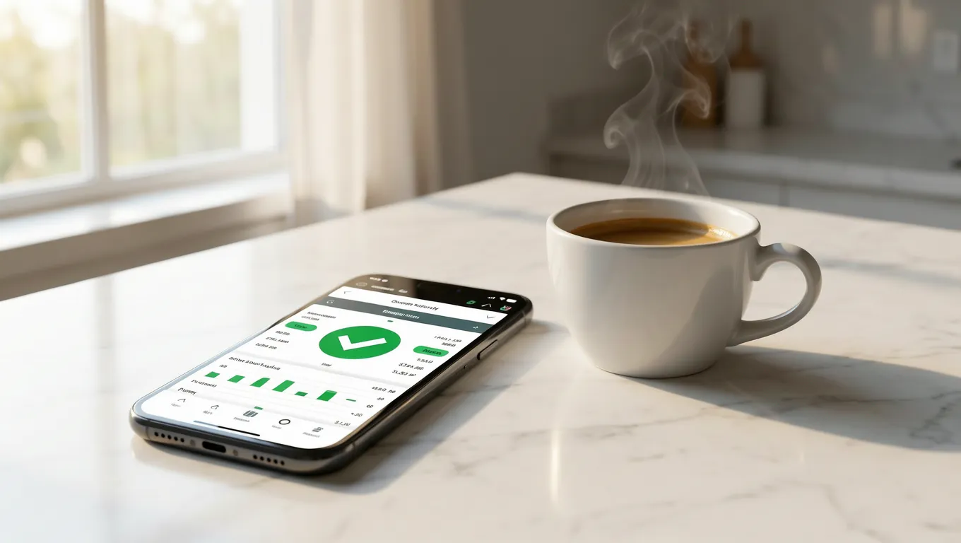 Smartphone displaying a successful instant personal loans online application status on a marble table.