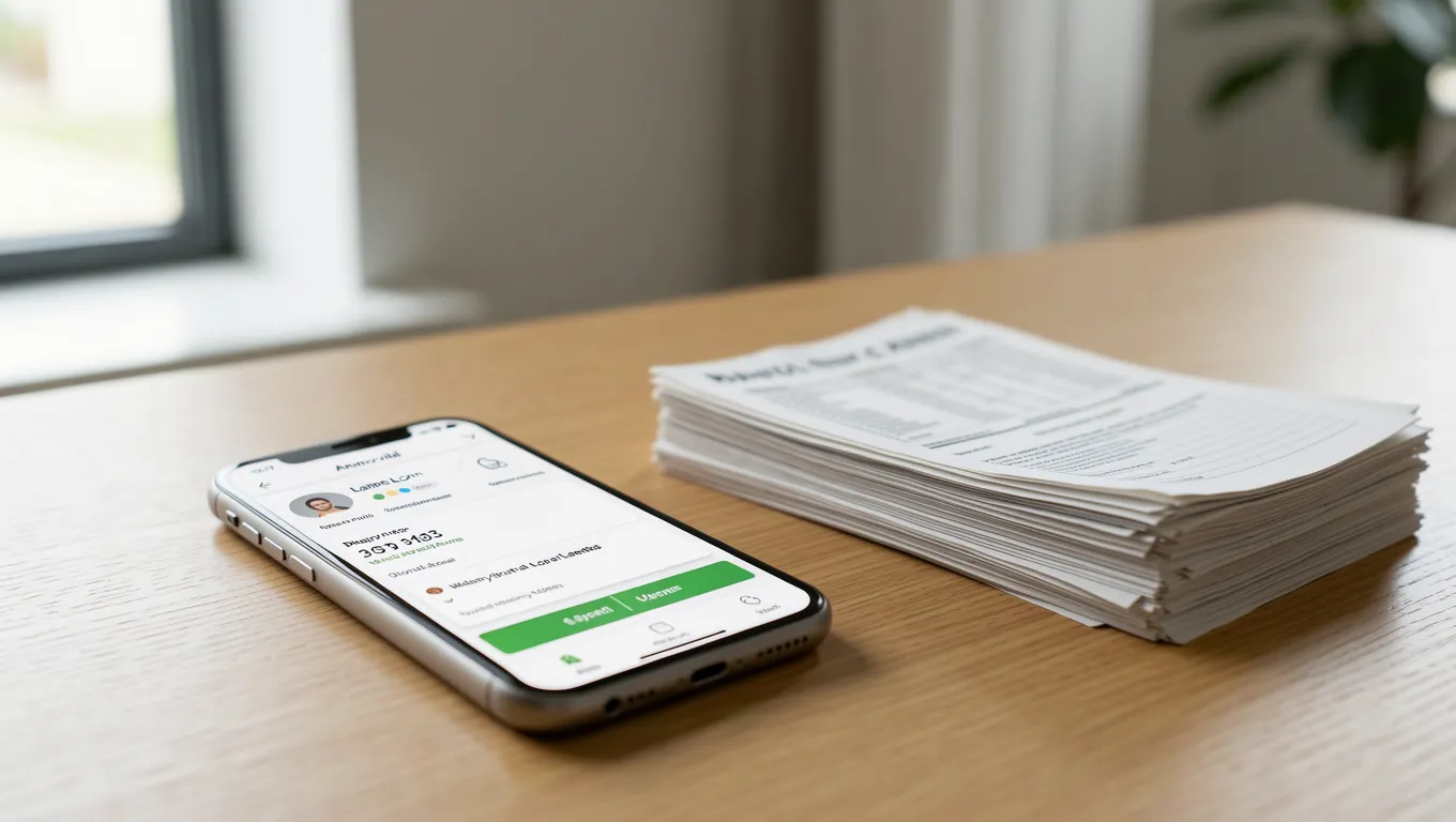 Smartphone showing loan options near unpaid bills for no credit check loans for bad credit.