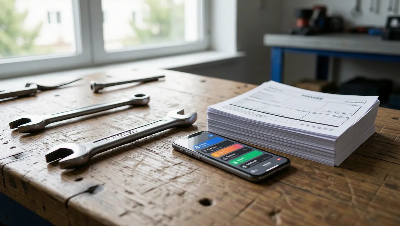 Automotive repair bills next to a phone representing emergency no credit check loans