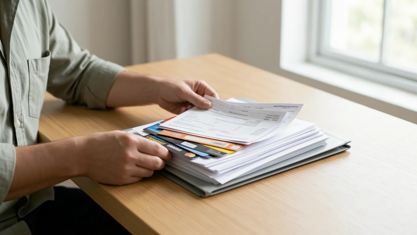 Organizing monthly bills to prepare for personal loans for debt consolidation.