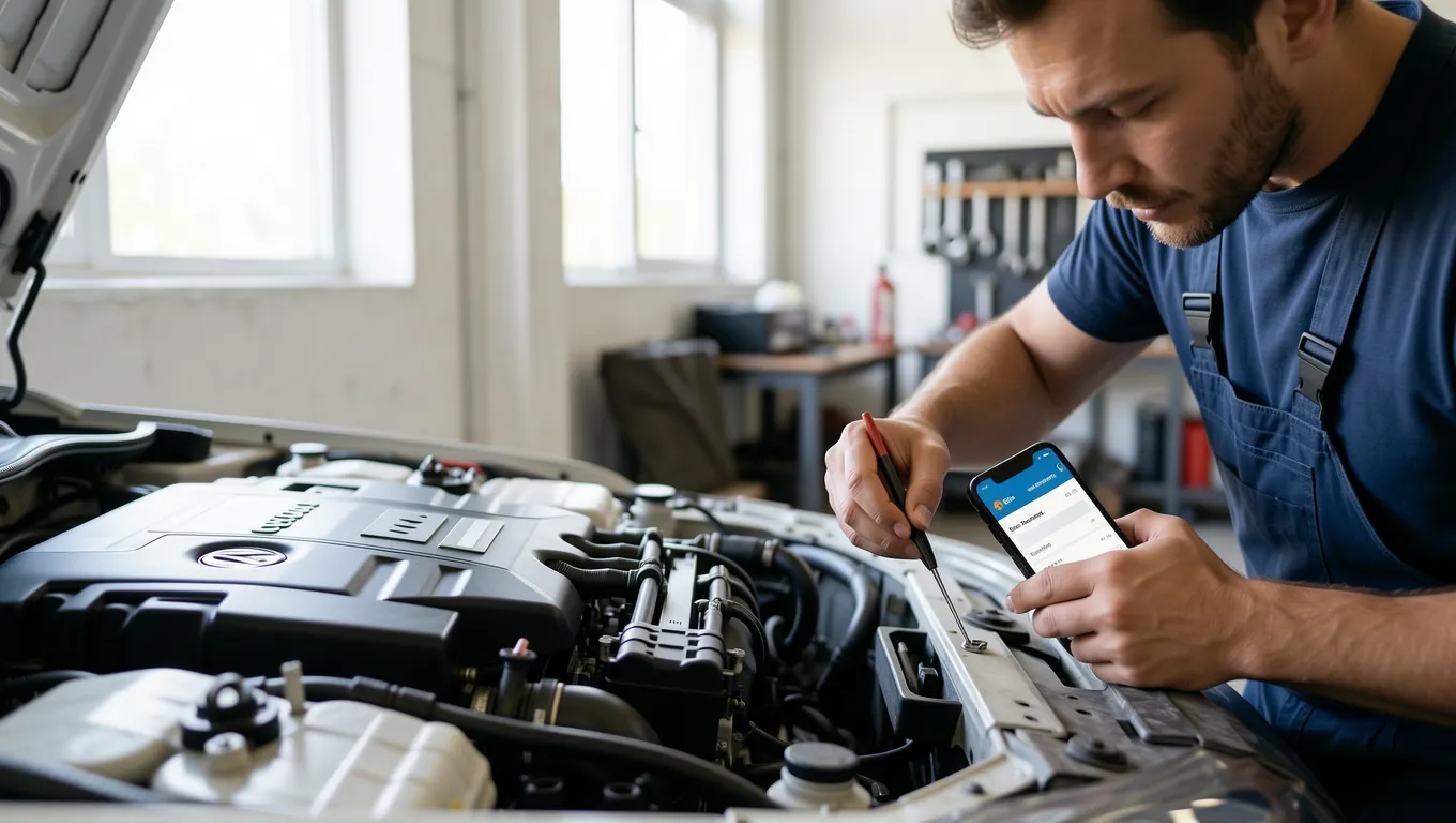 Mechanic working on a vehicle while using a phone for personal loans for emergency expenses.