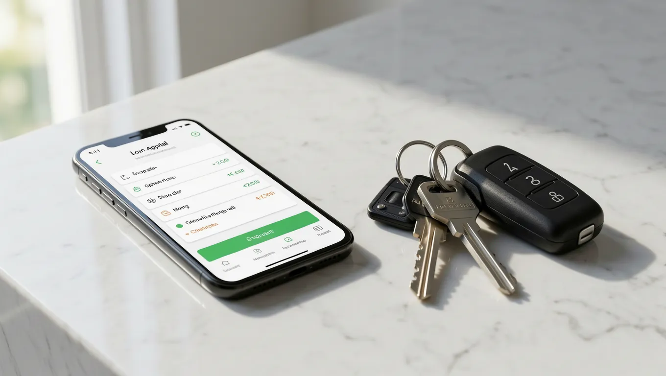A smartphone showing quick personal loans online options on a bright surface.