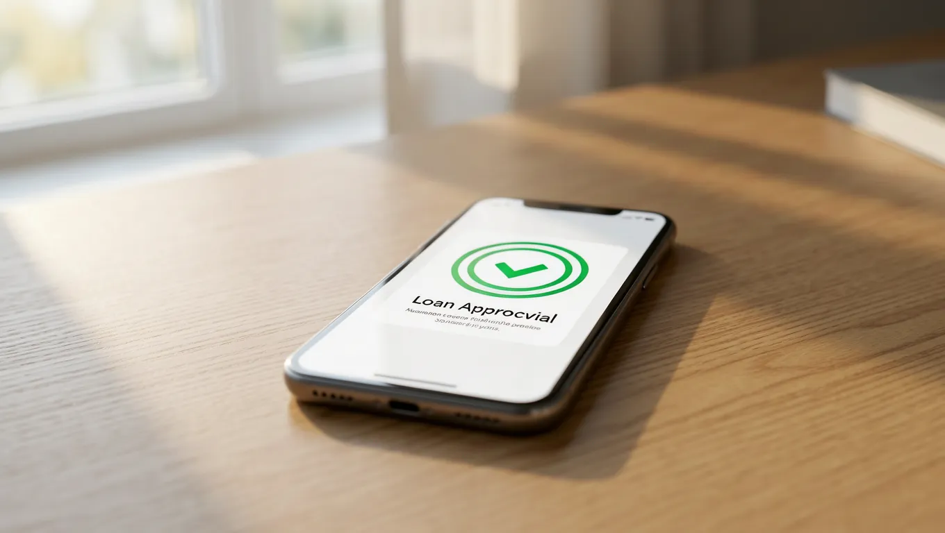 Smartphone showing same day approval personal loans confirmation on a bright desk.