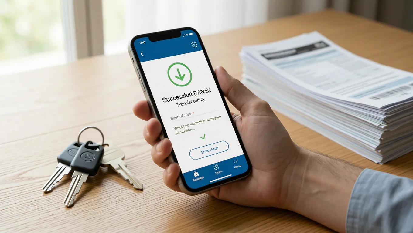 Hand holding smartphone showing a bank transfer for an unsecured no credit check loan.